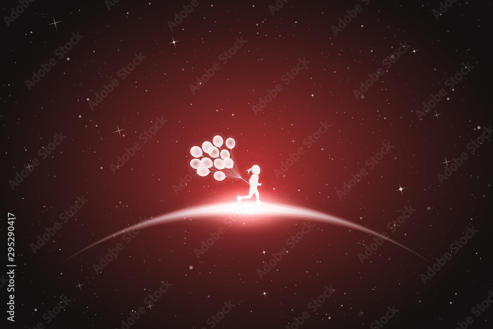 Poster little girl with balloons in space. vector conceptual illustration with white silhouettes of running