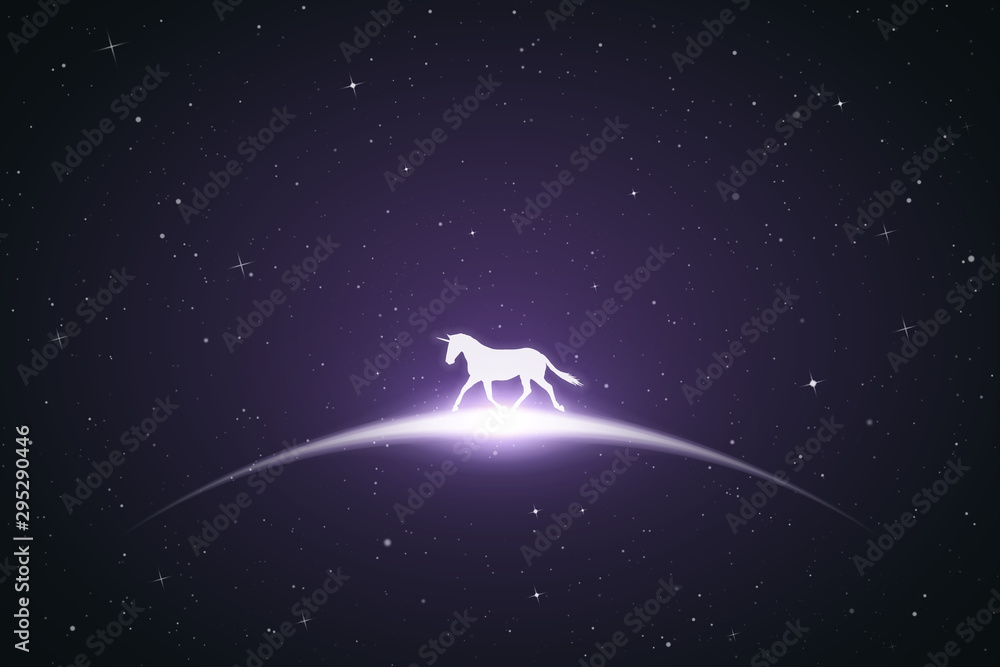 Poster running unicorn in space. vector conceptual illustration with white silhouette of beautiful running 