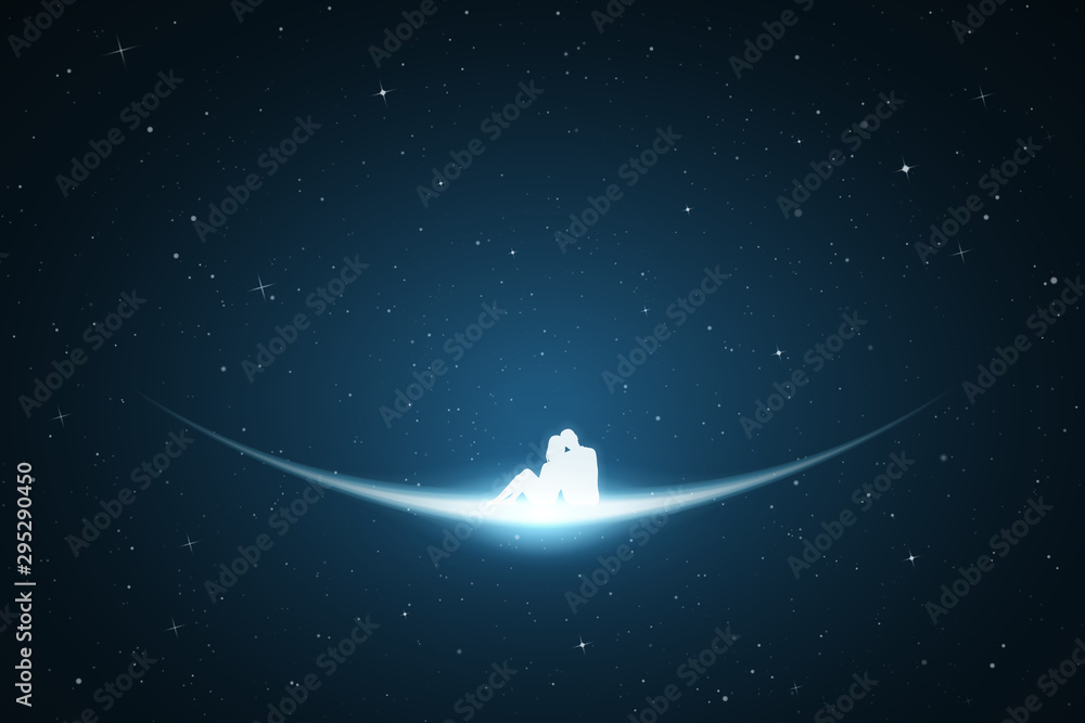 Sticker lovers sitting in space. vector conceptual illustration with white silhouette of loving couple. bue 