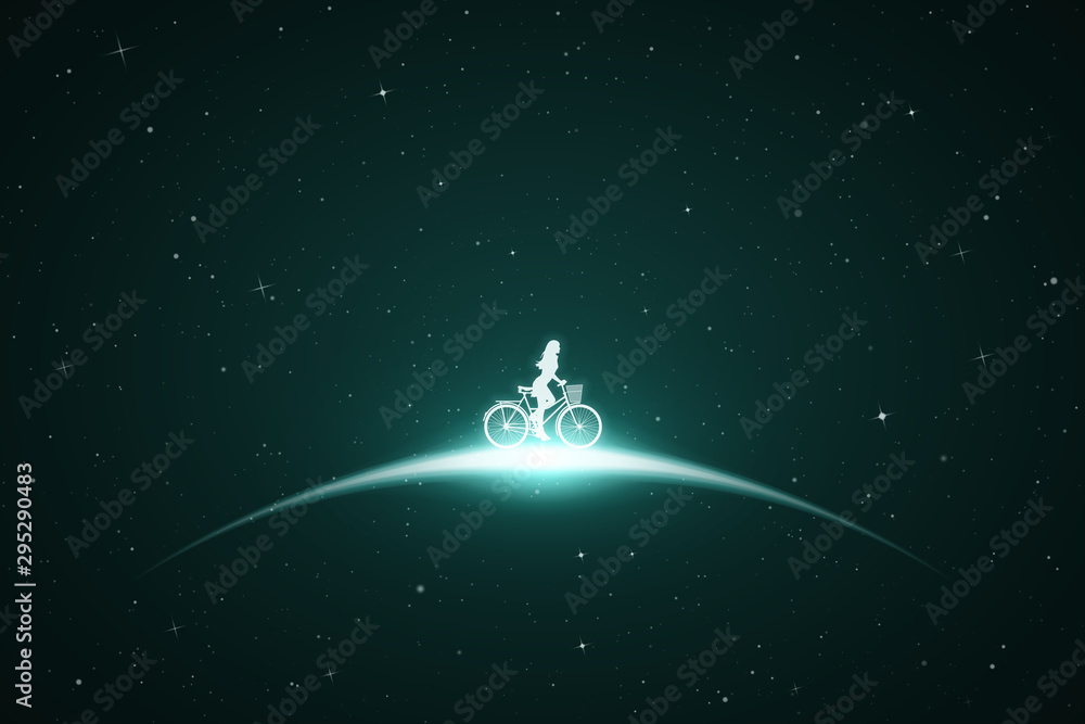 Poster lonely girl on bicycle in space. vector conceptual illustration with white silhouette of cyclist. em
