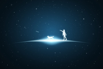 Fototapeta na wymiar Girl trains dog in space. Vector conceptual illustration with white silhouettes of woman and running pet. Bue abstract background with stars and glowing outline