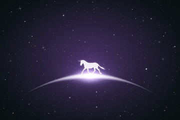 Obraz na płótnie Canvas Running unicorn in space. Vector conceptual illustration with white silhouette of beautiful running horse. Violet abstract background with stars and glowing outline