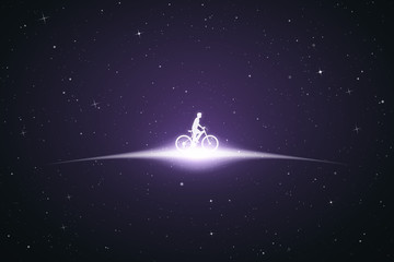 Obraz na płótnie Canvas Lonely man on bicycle in space. Vector conceptual illustration with white silhouette of cyclist. Violet abstract background with stars and glowing outline