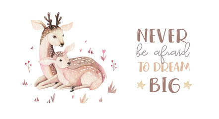 Watercolor little deer baby and mother watercolour bembi cartoon baby nursery. Forest funny young deer illustration. Fawn animal. Mom and baby decor