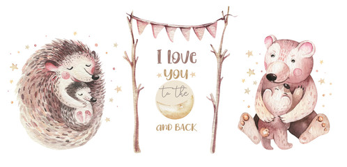 Watercolor Mothers day card - mother hedgehog and bear embrace her child. Little baby and mother watercolour cartoon nursery. Forest funny young hedgehog illustration. Mom and baby shower decor © kris_art