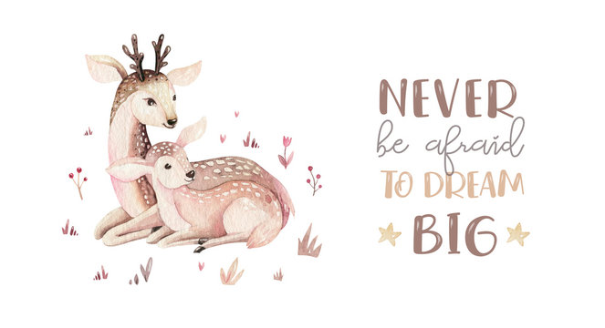 Watercolor little deer baby and mother watercolour bembi cartoon baby nursery. Forest funny young deer illustration. Fawn animal. Mom and baby decor