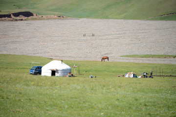 Beautiful mountain landscape with white Yurts and free running horses near Sary Tash, Kyrgyzstan