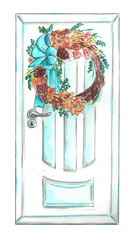 watercolor white door with autumn wreath of leaves