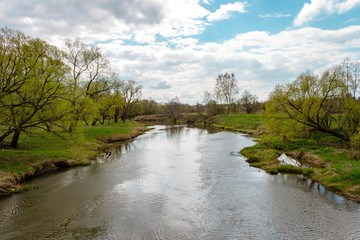 Fototapeta premium Landscape view on river shore, bushes, trees and village houses. Blue sky and clouds background
