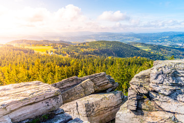 Fototapeta na wymiar Lookout point on White Rock, Czech: Bila Skala, near Prichovice in Jizera Mountains, Czech Republic