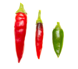 Red and green chili peppers isolated on a white background