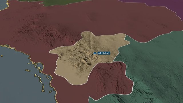 Al Bahah - region of Saudi Arabia with its capital zoomed on the administrative map of the globe. Animation 3D