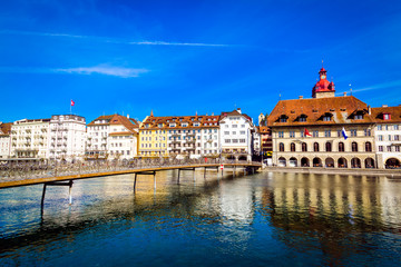 Old town buildings over Reuss river in Lucerne city, Switzerland