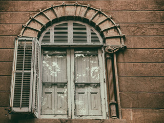 Rustic wooden window frame on old building