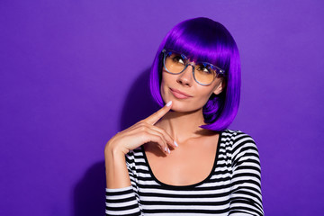 Photo of amazing lady touch chin finger look up empty space wear bright wig striped pullover...