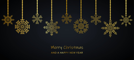christmas greeting card with golden snowflakes on dark background vector illustration EPS10