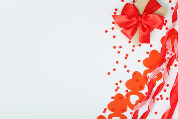 Background wit red ribbon and bright hearts for Valentine day decoration	
