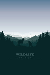 wolf pack in the green forest with mountain landscape vector illustration EPS10