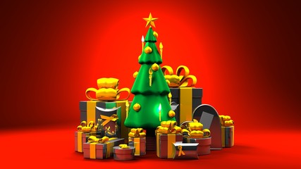 Christmas tree and gift boxes.3D render illustration.