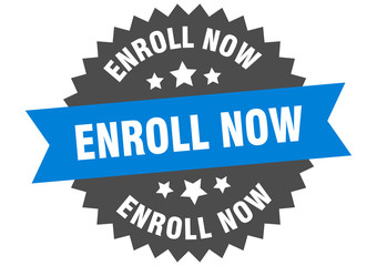 enroll now sign. enroll now blue-black circular band label