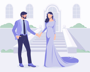 A man holds a woman by the hand and accompanies her. A man meets a woman on the stairs. Festive event for the couple. Vector illustration.