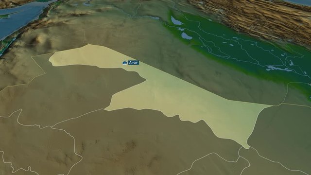 Al Hudud ash Shamaliyah - region of Saudi Arabia with its capital zoomed on the physical map of the globe. Animation 3D