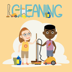 A boy and a girl in home clothes do the cleaning of the house with a vacuum cleaner and a brush. Children doing housework. Flat cartoon vector