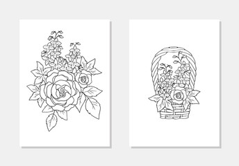 vector delphinium rose flower leaf bouquet in the basket line art coloring page book outline illustration