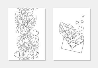 vector monstera exotic leaf vertical seamless pattern envelope love message composition coloring book outline illustration
