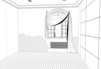 empty room, contour visualization, 3D illustration, sketch, outline