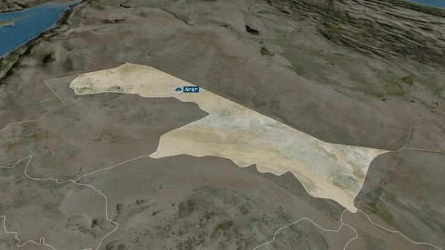 Al Hudud ash Shamaliyah - region of Saudi Arabia with its capital zoomed on the satellite map of the globe. Animation 3D