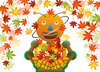 秋の紅葉と遊ぶロボット
