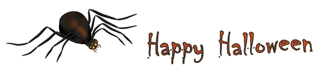 Happy Halloween Banner mit Text rechts ausgerichtet und erschreckender Spinne auf wei&szlig;em Hintergrund