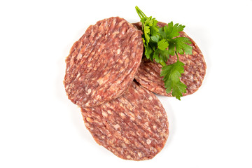 chopped beef steak on a white background