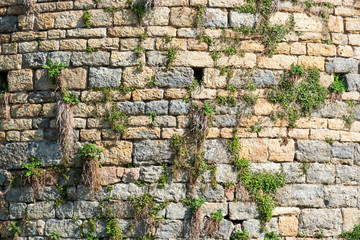 Fragment of a wall of a medieval tower. The wall is made of stones of various shapes and colors. On the wall there are areas overgrown with grass. Background. Texture. France. Burgundy. Semur-en-Osua.