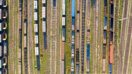 Aerial view of Train and railway tracks. Aerial view of diesel locomotive Train and railway tracks - top view