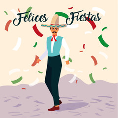 felices fiestas label with man with mexican typical costume