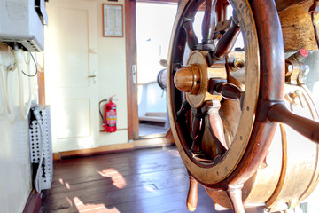 Steering wheel on the ship Soldek Gdansk in Poland