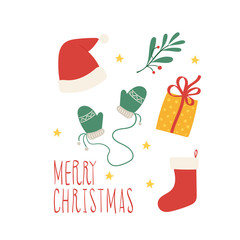 Christmass set of stickers. Santa hat, mitten and socks