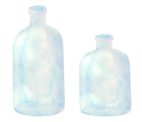 Set of watercolor transparent glass bottle. Hand drawn light blue vases for decoration and design.