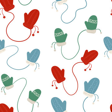 Christmass pattern with cute mitten in scandinavian style
