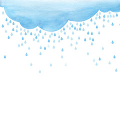 Overcast and rain. small scattering raindrops. Background cutout template. Large raindrops. Big lught gradiented blue cloud. Watercolor fill. Page border template. Isolated on a white background
