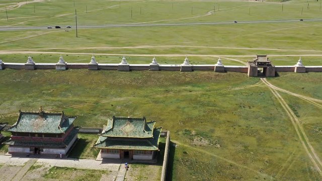 Aerial view of the Kharkhorin Erdene Zuu Monastery in Kharkhorin (Karakorum), Mongolia. Karakorum was the capital of the Mongol Empire between 1235 and 1260, 4k