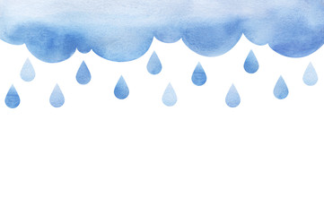 Overcast and rain. Blue rainy clouds. Background cutout cumulus clouds with paper texture. Large raindrops Big lught gradiented blue cloud. Watercolor fill. Page border template. Isolated on white. - 295299412
