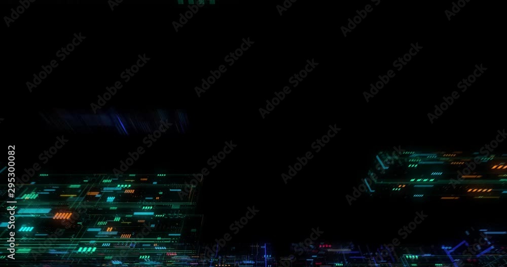 Poster seamless fly through of abstract circuitry with digital grid background, data deep learning computer