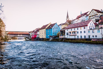 Fototapeta premium Baden old town building over the Limmat river in Switzerland