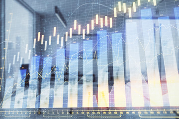 Business theme graph hologram with minimalistic cabinet interior background. Double exposure. Stock market concept.