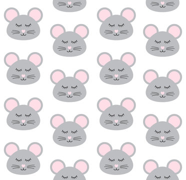 Vector seamless pattern of flat cartoon rat mouse face isolated on white background