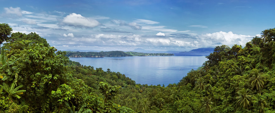 Panoramic view of the sea and the Islands of Batangas province. Mindoro island, Philippines.