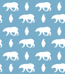 Vector seamless pattern of white emperor penguin and polar bear silhouette isolated on blue background